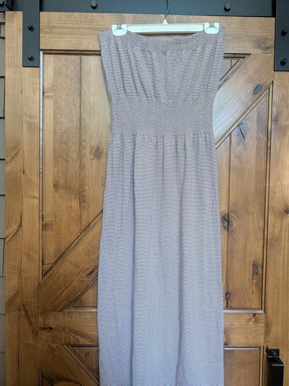 Smocked Strapless Maxi Dress in Brown and White Stripes